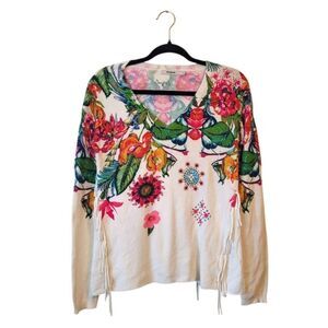 Desigual Women's Cream Tropical Fringe Sweater Size S